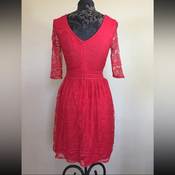 Alya Red Lace Dress Small Mini Sheer Sleeve Festive Party - Picture 3 of 6
